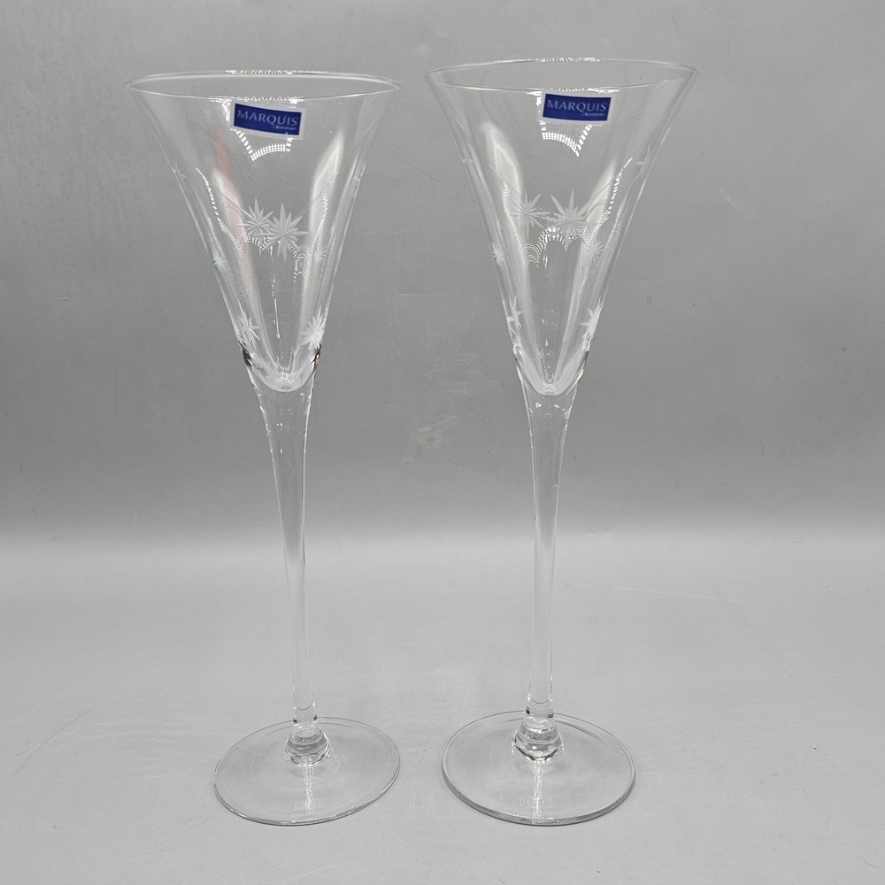 Marquis by Waterford Crystal Pair Starburst Etch Toasting Wedding 11" Flutes